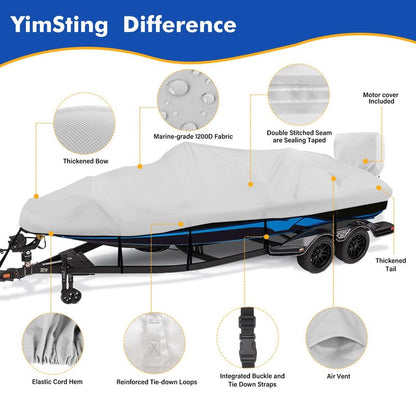 YimSting 1200D Waterproof Boat Cover - Fits 17' to 19' ft Bass, V-Hull, Tri-Hull, Fish & Ski, Runabout Bowrider Boats - Heavy Duty Canvas Gray
