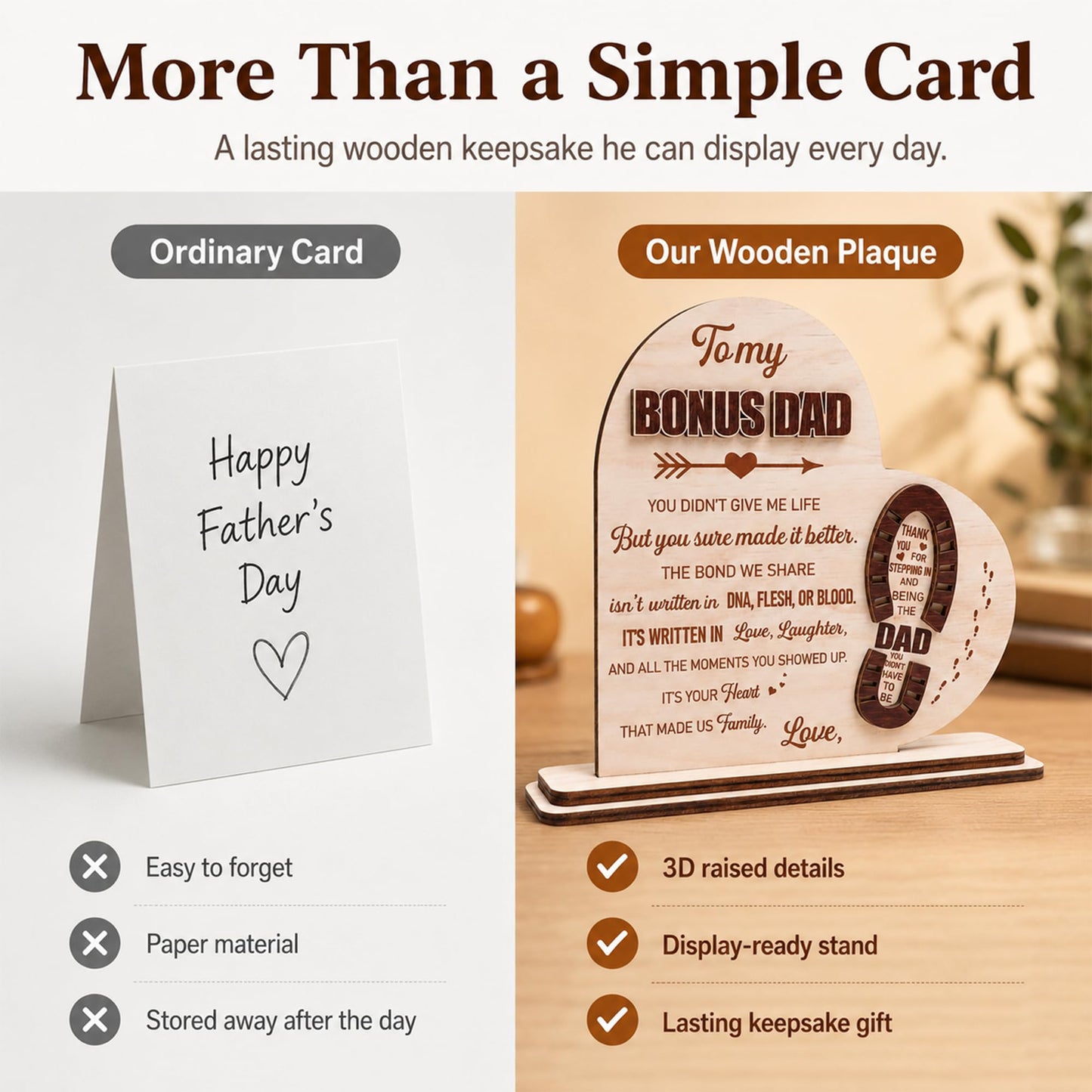 Stepdad Gifts from Stepdaughter Stepson for Fathers Day, Gifts for Step Father Bonus Dad Birthday Christmas Father's Day, Bonus Dad Gift, Stepped up Dad Plaque, To My Bonus Dad Wooden Plaque Sign Desk Decorative Home Decor