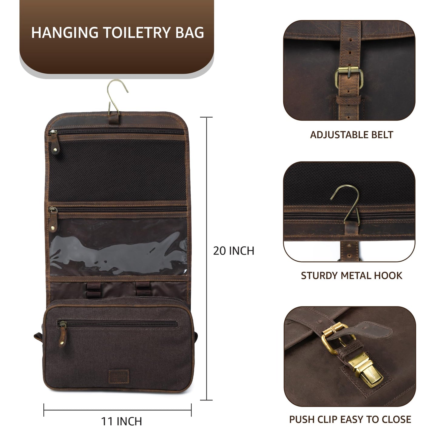 LEATHER VILLAGE Hanging Genuine Leather Toiletry Bag for Men – Handcrafted Vintage Travel Dopp Kit with Waterproof Lining, Shaving Organizer and Shower Bathroom Essentials Case - Brown