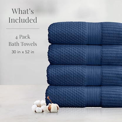 NY Loft 100% Cotton 4 Pack Bath Towel Set| Navy Bath Towels | Super Soft &