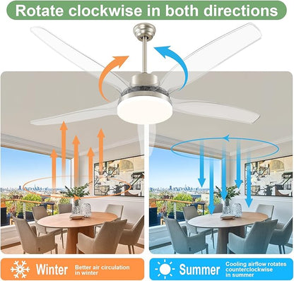 OKELI 58" Smart Ceiling Fan with Light, WiFi Enabled for Alexa & App Control, Reversible Brushed Nickel Modern Ceiling Fan with Dimmable LED Light and Remote, Clear Blades for Living Room Bedroom