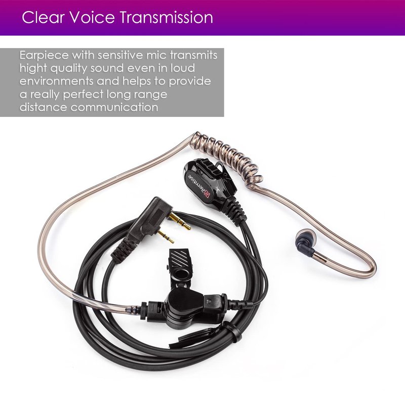 Covert Acoustic Tube Earpiece with Mic for Baofeng UV-5R Walkie Talkies, Surveillance Headset and PTT Compatible with 2 Way Radios Brands Baofeng and Kenwood, Puxing, Wouxun (Black)