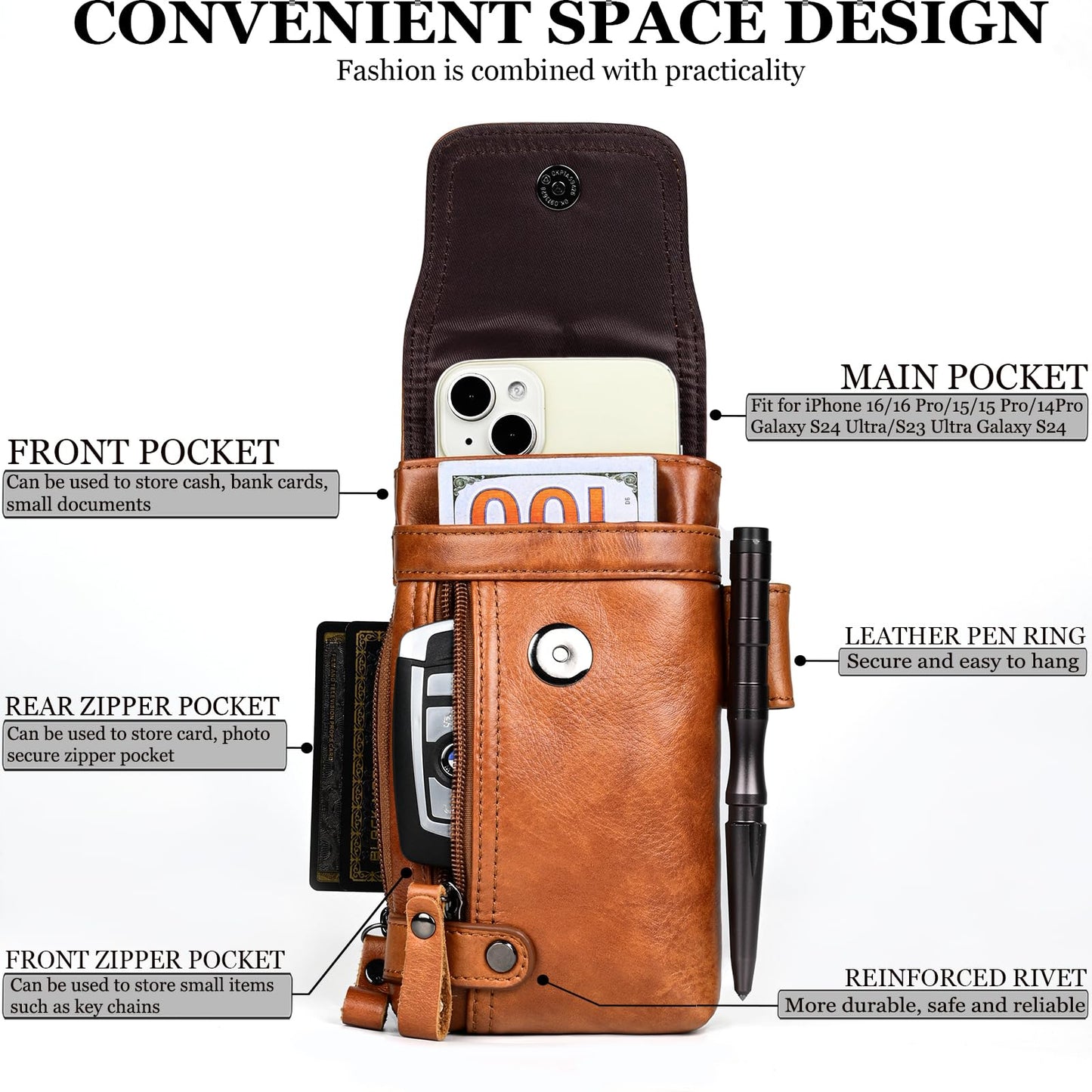 Ariscobull - Leather Phone Holster - Genuine Full-Grain Buffalo Leather Cell Phone Holsters - for iPhone 16, 15, 14, 13pro, Galaxy S24, S23, S22 (Brown, Large)