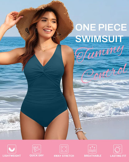 Holipick Green Women Tummy Control One Piece Swimsuit - Push Up Bathing Suit Full Coverage Slimming Swimwear 18 Plus (US 18W)
