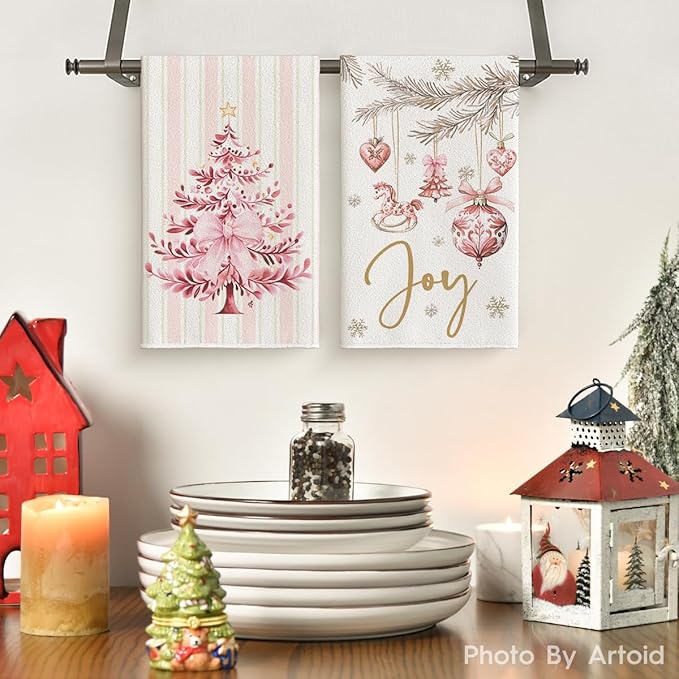 Artoid Mode Pink Porcelain Ornaments Xmas Tree Christmas Kitchen Towels Dish Towels, 18x26 Inch Farmhouse Holiday Winter Decoration Cleaning Set of 4