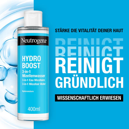 Neutrogena Hydro Boost Micellar Water, Effective Face Cleansing with Hyaluronic Acid, Gentle Makeup Remover, Moisturising Micellar Cleansing Water for All Skin Types (400 ml)