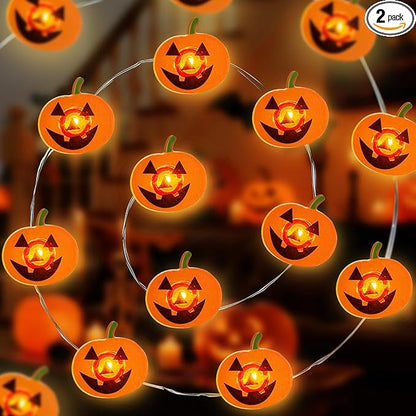 Halloween Pumpkin String Lights, 16 ft 50 LED Orange Battery Operated Lights for Lawns Garden Outdoor Holiday Party Decorations (2 Pack)