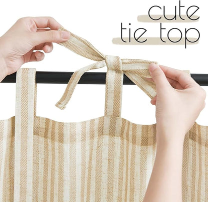 jinchan Tie Top Linen Kitchen Curtains 24 Inches Striped Tier Curtains Farmhouse Modern Cafe Style Small Window Treatments Airy Light Filtering Rod Pocket for Living Room Bathroom 2 Panels Beige