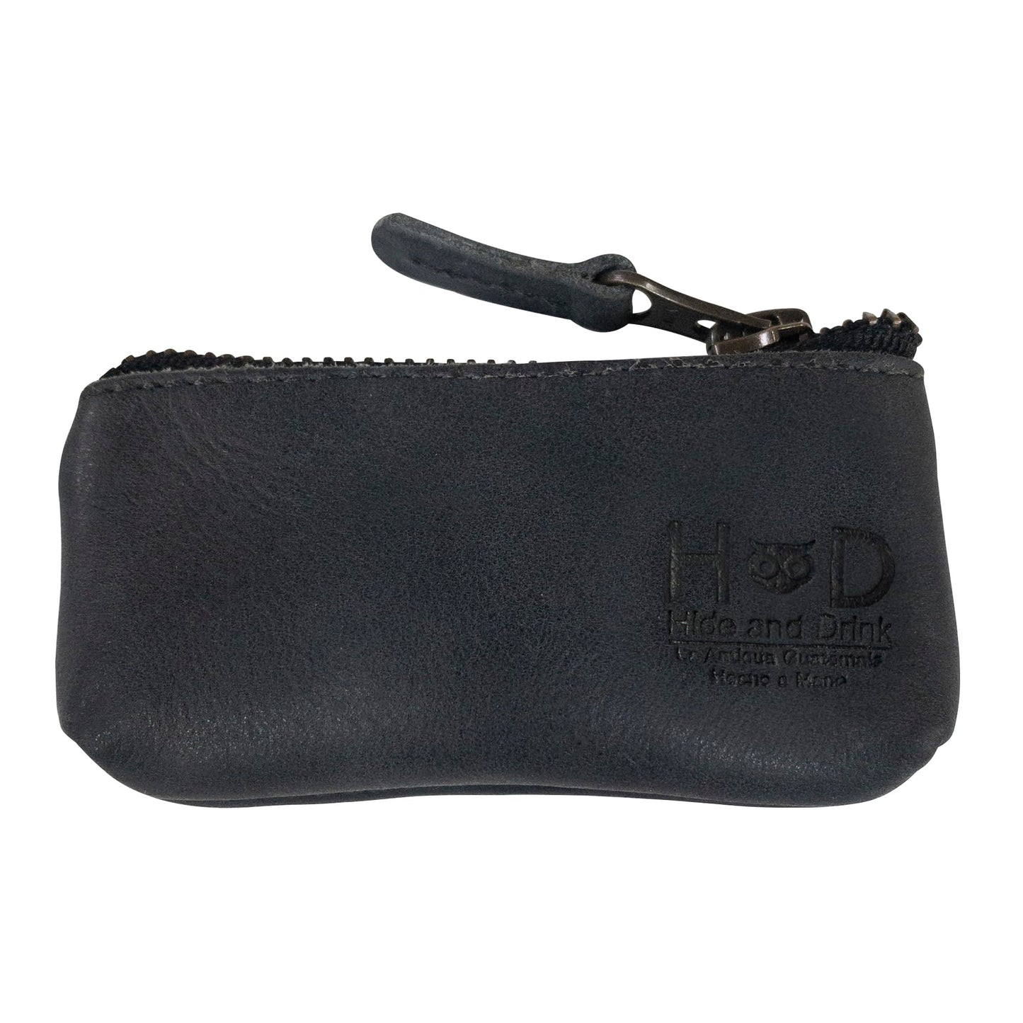 Hide & Drink, Leather Key Holder Pouch, Zippered Coin Bag, Money Purse, Earphone Holder, Charging Cable, Memory Cards Organizer, Vintage Style, Handmade (Charcoal Black)