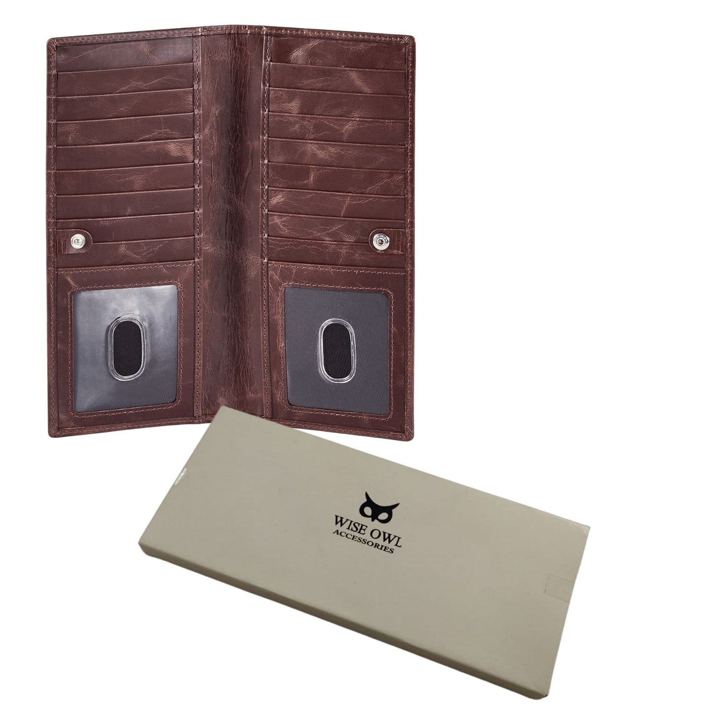 Long Wallet for Men Women Real Leather Bifold RFID Stylish Slim Handmade 2 ID Window Credit Card Holder in Gift Box (Coffee, Wax Pull Up)