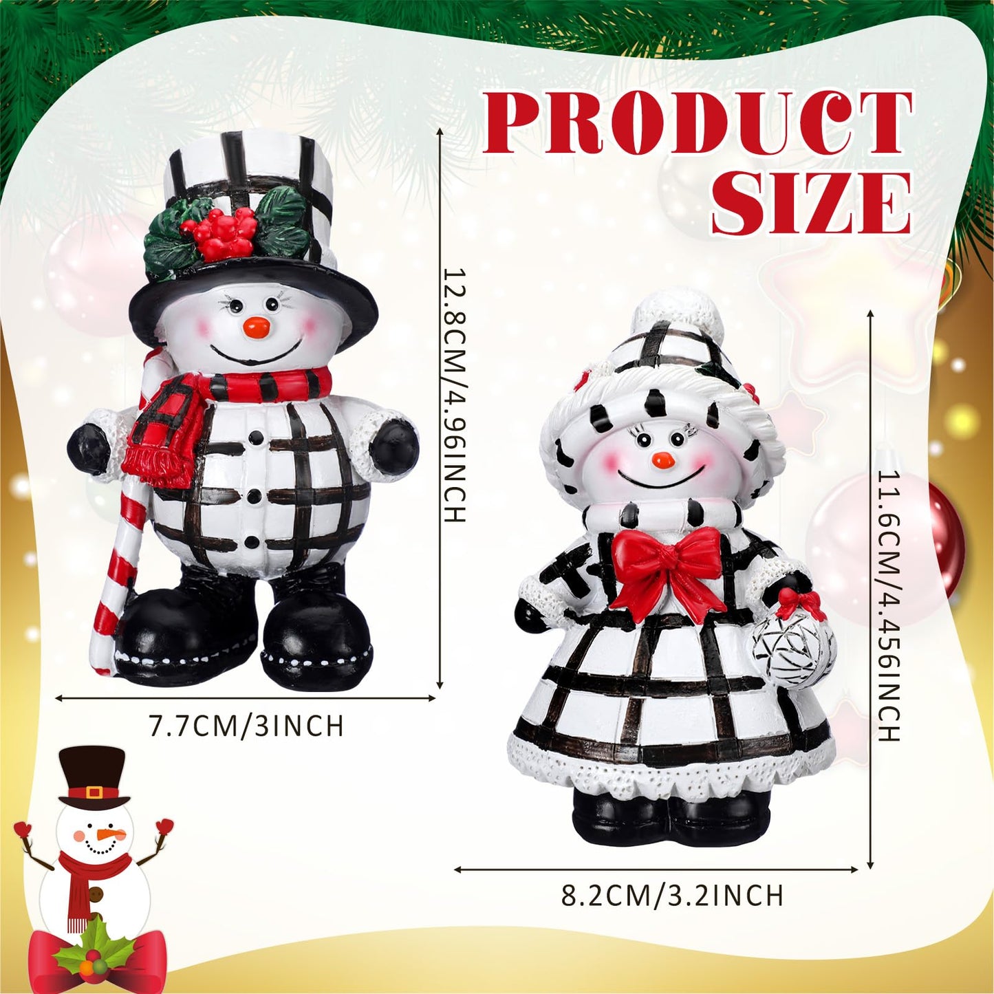 Moucuny 2 Pieces Winter Snowman Figurines Decorations Black and White Resin Snowman Winter Ornaments with Chef Hat Candy Bow Scarf Table Decor for Tabletop Office Shelf Gift Home Kitchen Mantle