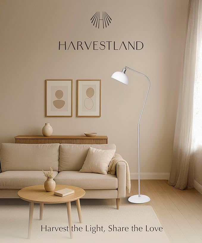 HarvestLand Halo Brass Floor Reading Lamp – Adjustable Pharmacy Floor Lamp with Solid Base, Reading Lamps Floor Standing, White Floor Lamp for Living Room or Over Chair Use, Bedroom, Antique Décor