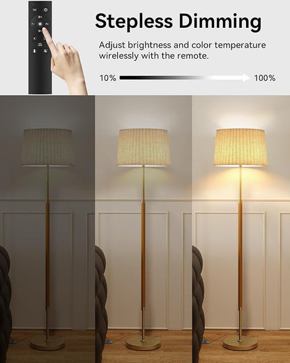 JOOFO Mid-Century Modern Wood Floor Lamp with Dual Fabric Shade, Remote Control, Dimmable & Adjustable Color Temperature, Reading & Living Room Lamp, Easy Clean Cover, Foot Switch