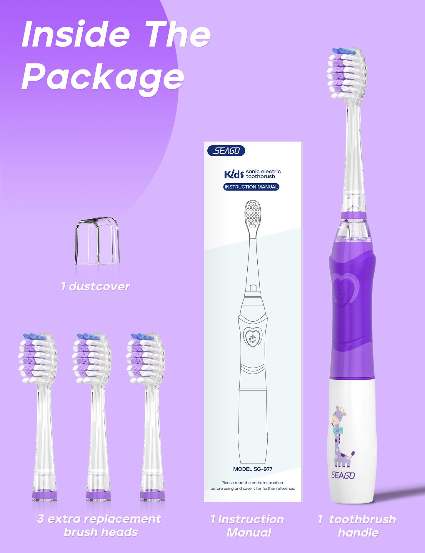 SEAGO Kids Electric Toothbrush with 2 Mins Brushing Timer and 4 Replacement Bursh Heads, Rainbow LED Light Make Brushing Fun, Boys Battery Powerd Toothbrush for 4-12 Years Old，SG-977 (Light Blue)