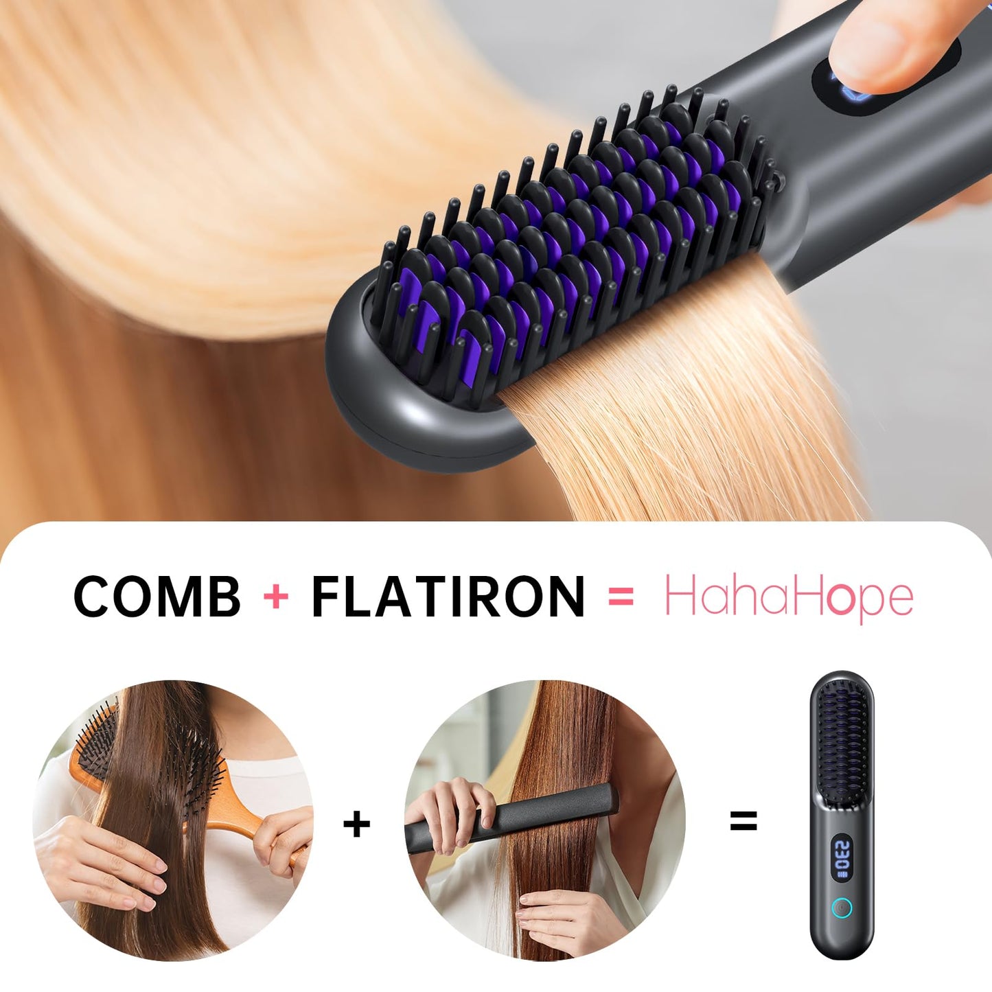Cordless Hair Straightener Brush-Portable Straightening Comb, 9600mAh Batt, Plasma Tech, 9 Temp-Settings & LED Display, for Travel & Home(Pink)