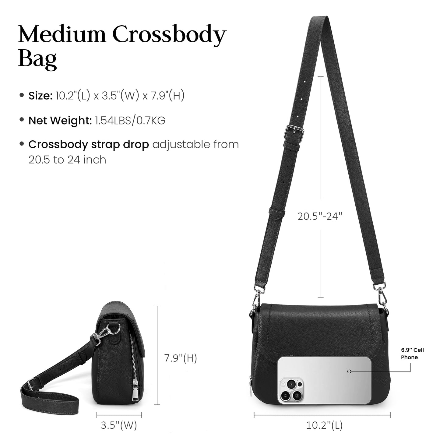 befen Black Genuine Leather Crossbody Bags for Women Medium Womens Saddle Bag Cross Body Purse with Built in RFID Blocking Wallet