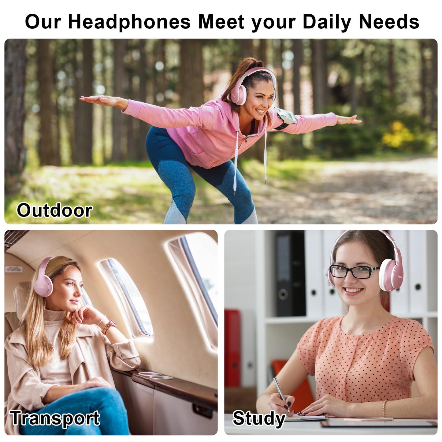 JOMILIN B9 Bluetooth Headphones Over-Ear, 3 EQ Music Modes and 50H Playtime Wireless Headphones with Mic, Hi-fi Stereo Lightweight Folding Headset, Volume Control for Travel Tablet PC (Rose Gold)