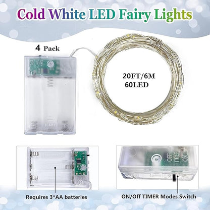 4 Pack Fairy Lights Battery Operated with Timer, Each 20FT 60LED Christmas String Lights Outdoor Indoor, Cuttable Battery Twinkle Lights for Bedroom Home Wedding DIY Christmas Decorations (Cool White)