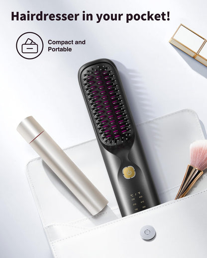 Cordless Hair Straightener Brush - Portable Hair Brush for Travel - 30s Fast Heating - 300 Million Negative Ions for Frizz-Free Shine,Touch Up On-The-Go,Gift for Women,10000mAh