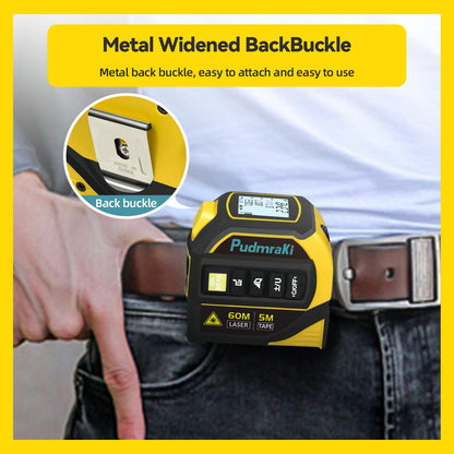 PudmraKi 4-in-1 Laser Tape Measure 196.85Ft Laser Ranging 16.4ft Digital Tape Measure Area, Volume Measurement, Pythagorean Mode, Waterproof and Rechargeable