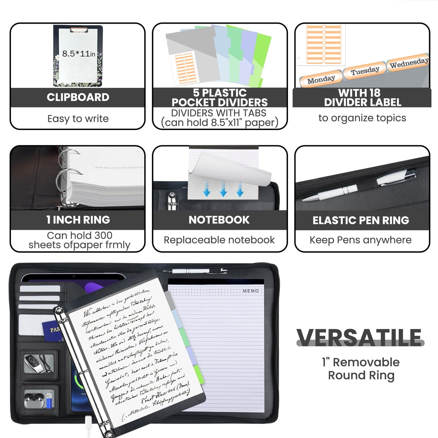 KLLVE Clipboard with Storage for Men Women, Leather Padfolio Portfolio with Zipper, 1 Inch 3 Ring Binder 5 Dividers, Notepad for Letter Size, Elastic Closure and Pen Loop, Card Slot Black