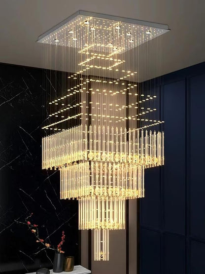 D32''X H110'' High Ceiling Chandelier Crystal Raindrop Chandeliers Staircase Large Chandelier Villa Entrance Foyer Hanging Light High Ceiling Pendant Light Fixture with LED Dimmable