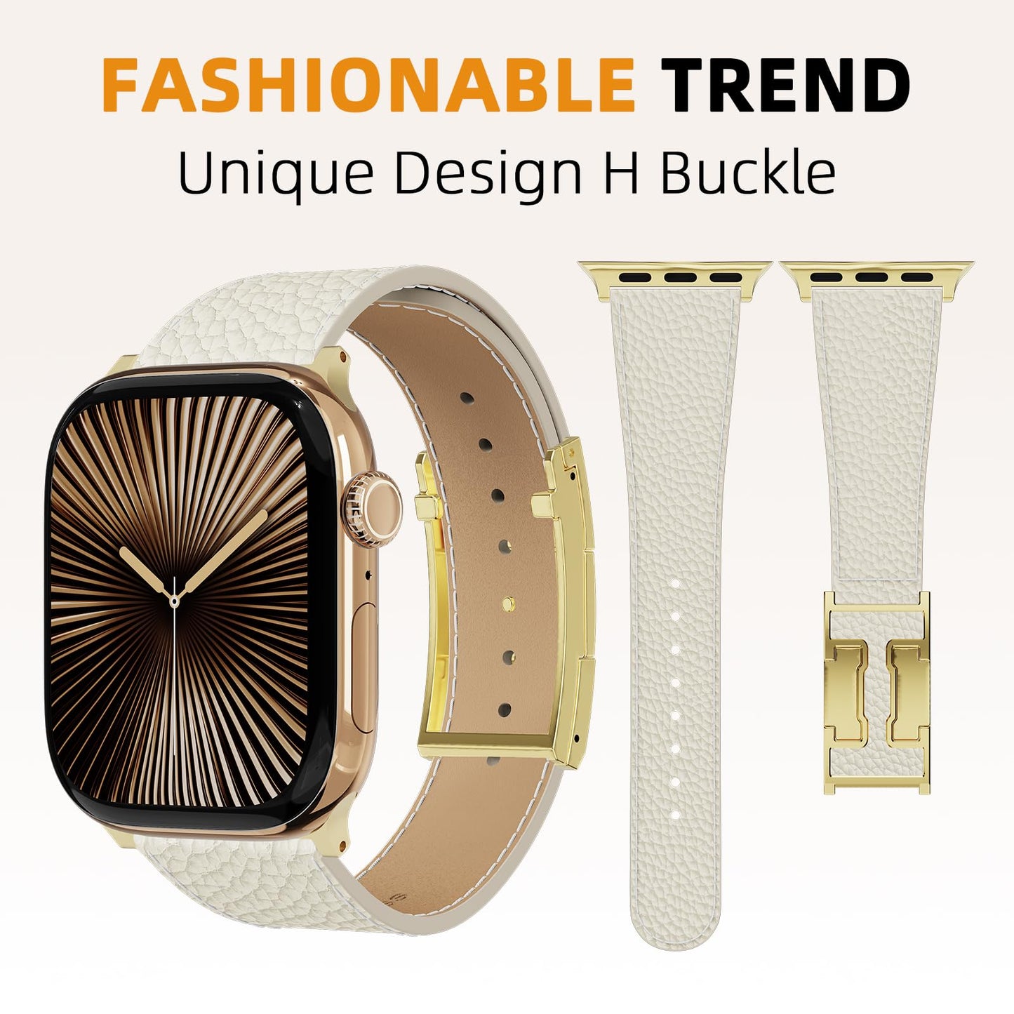 Leather Band Compatible with Apple Watch BandUltra 2 1 Series 10/9/8/7/6/5/4/SE,H-Shaped Buckle strap for iWatch 38/40/41/42/44/45/46/49mm Women Men (White Band + Gold H Buckle, 38mm 40mm 41mm 42mm)