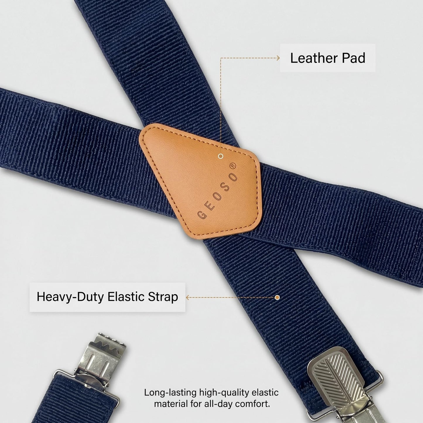 GEOSO Work Suspender, 2-Inch Wide Elastic Clip-on Suspenders for Men, Heavy-Duty Pants Suspender Blue