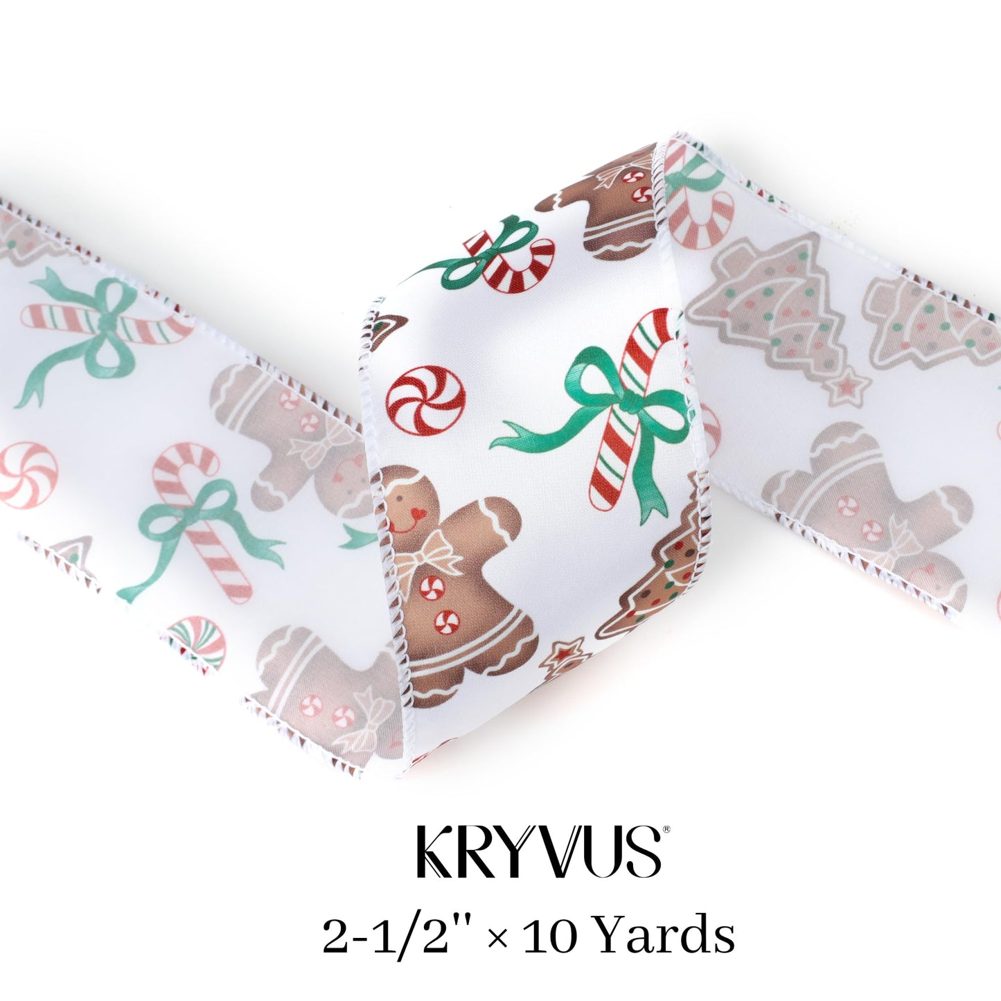 Kryvus Christmas Wired Ribbon, 2.5 Inch X 10 Yards Gingerbread Candy Canvas Satin Ribbon with Wired Edge, Perfect for Home Wreath DIY Craft Decoration Supplies Gift Wrapping