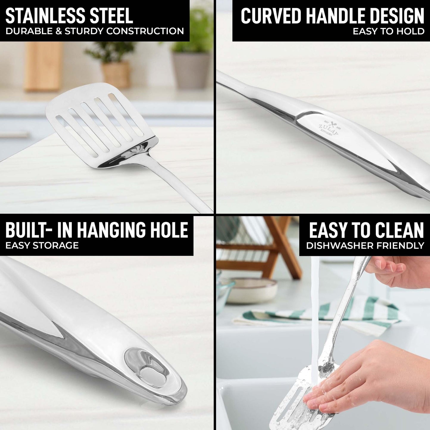 Zulay Kitchen Stainless Steel Cooking Utensil - Stainless Steel Kitchen Utensil - Durable Kitchen Gadgets - Metal Kitchen Accessories - Easy to Clean Kitchen Tools - 8 Piece Set