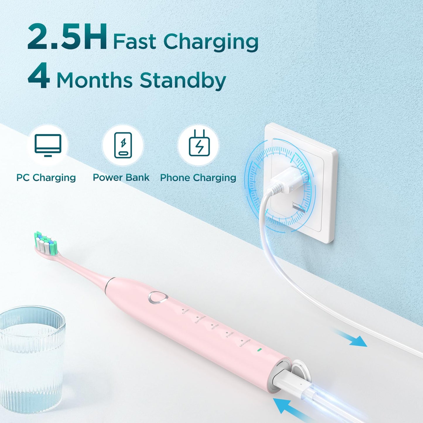 Electric Toothbrush for Adults with 8 Brush Heads, Sonic Toothbrush Rechargeable with a Holder & Travel Case, 2.5 Hours Charge for 120 Days Use - Light Blue