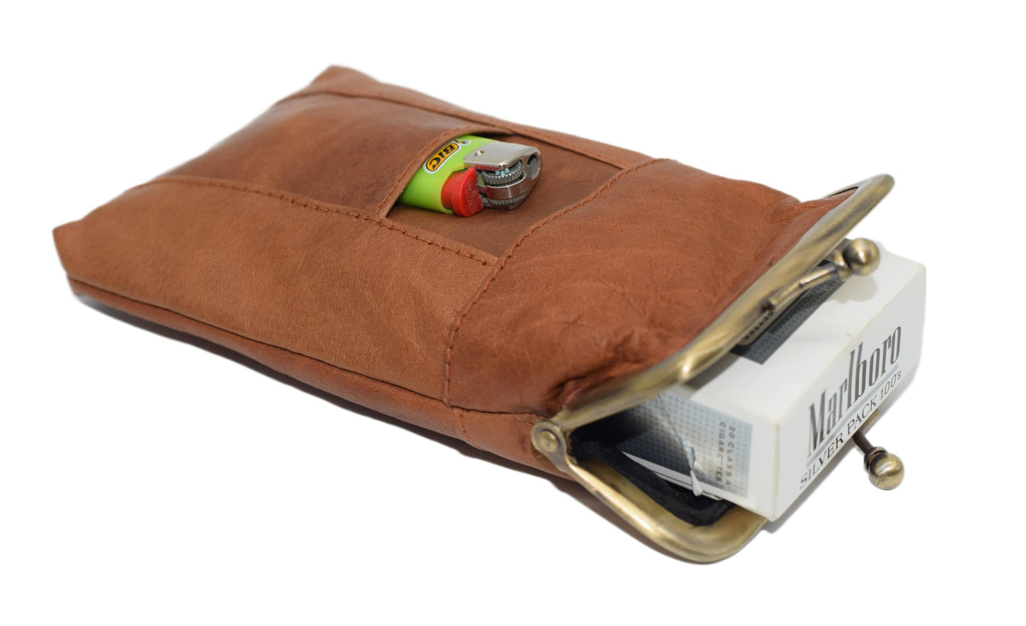 Genuine Leather Tan Cigarette Case Holder Slim Pack Regular or 100's & Lighter Pocket with Metal Twist Clasp (Tan)