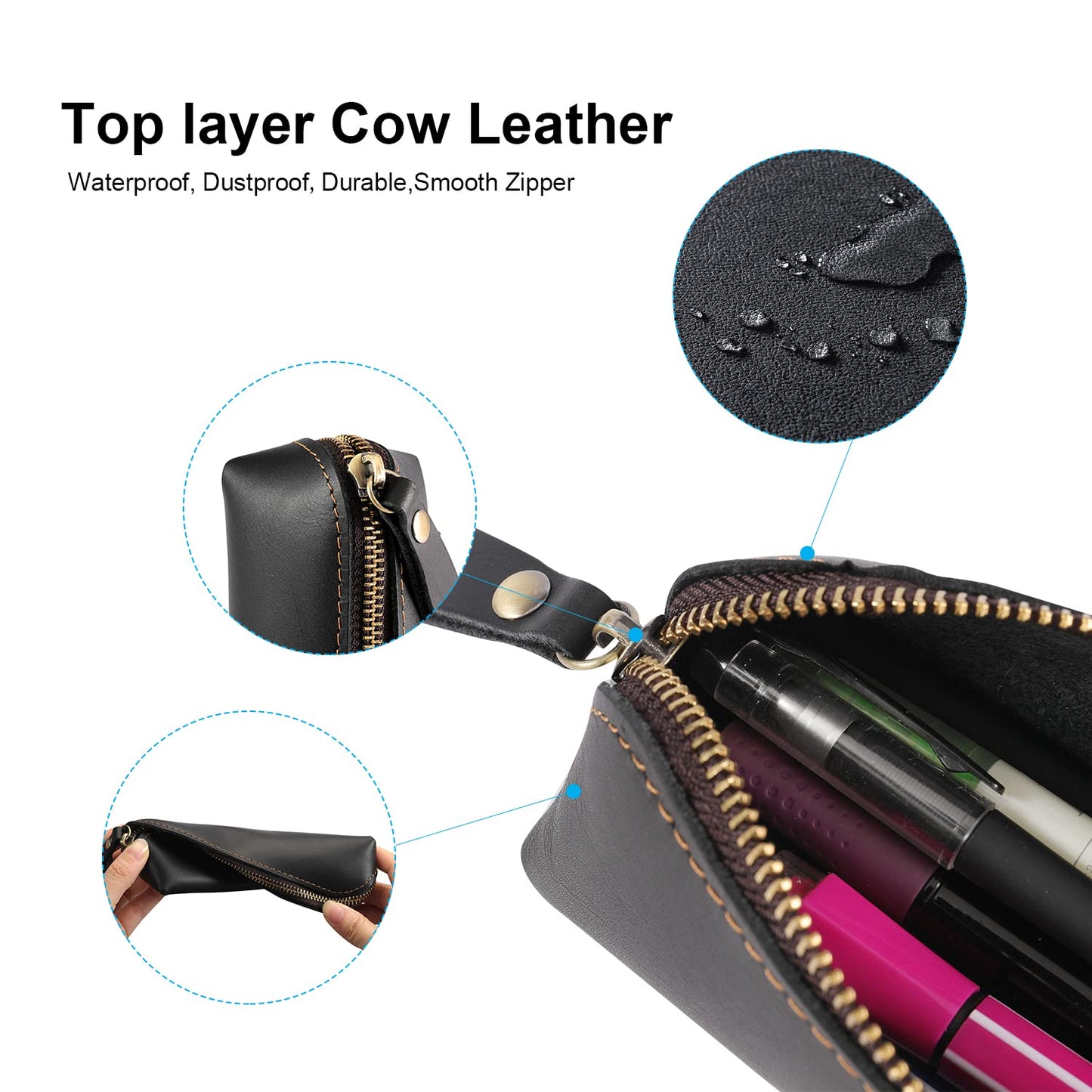 RZEOTPII Pen Pouch Pencil Bag Black Leather Pencil Holder Small Portable Zipper Case for Fountain Pen Markers Makeups Change Coins,Gift for Adults Mens Womens (Black)