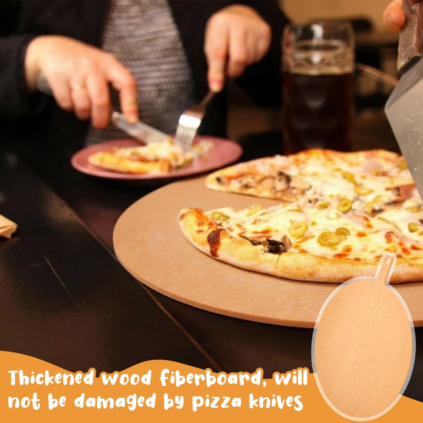 Lounsweer 24" × 20" Round Pizza Board with Handle, Wood Fiber Pizza Peel, Non-slip Cutting & Serving Board, Heavy Duty Wooden Serving Tray for Baking, Charcuterie & Kitchen Use