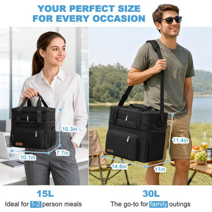 MIYCOO Lunch Bag & Lunch Box for Men Women, Double Deck Leakproof Insulated Soft Large Adult Camping Cooler bag for Work, Beach, Picnic, Travel (Black, 15L)