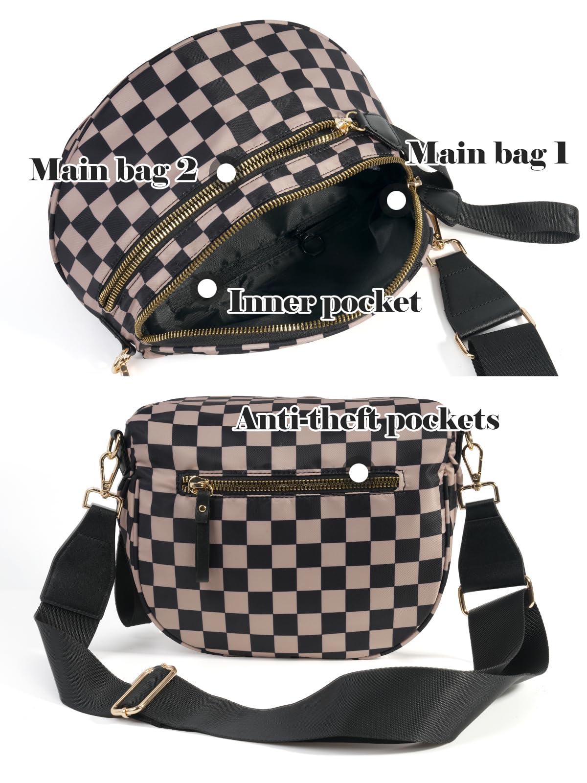 Black and White Checkered Crossbody Bum Bag for Women,Spacious Checkered Purse Fanny Packs Belt Bag Sling Bag with Shoulder Strap (khaki Checkered)