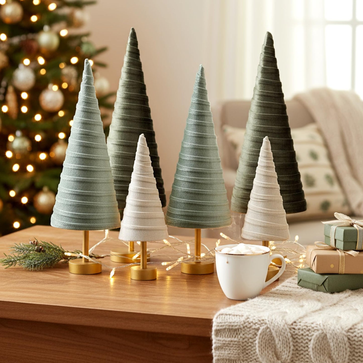Hoolerry 6 Pcs Christmas Velvet Trees with Gold Pedestal Christmas Velvet Cones Tree Mantel Decor Modern Rustic Winter Home Minimalist for Holiday Entryway Table Wedding Centerpiece(Brown Green)
