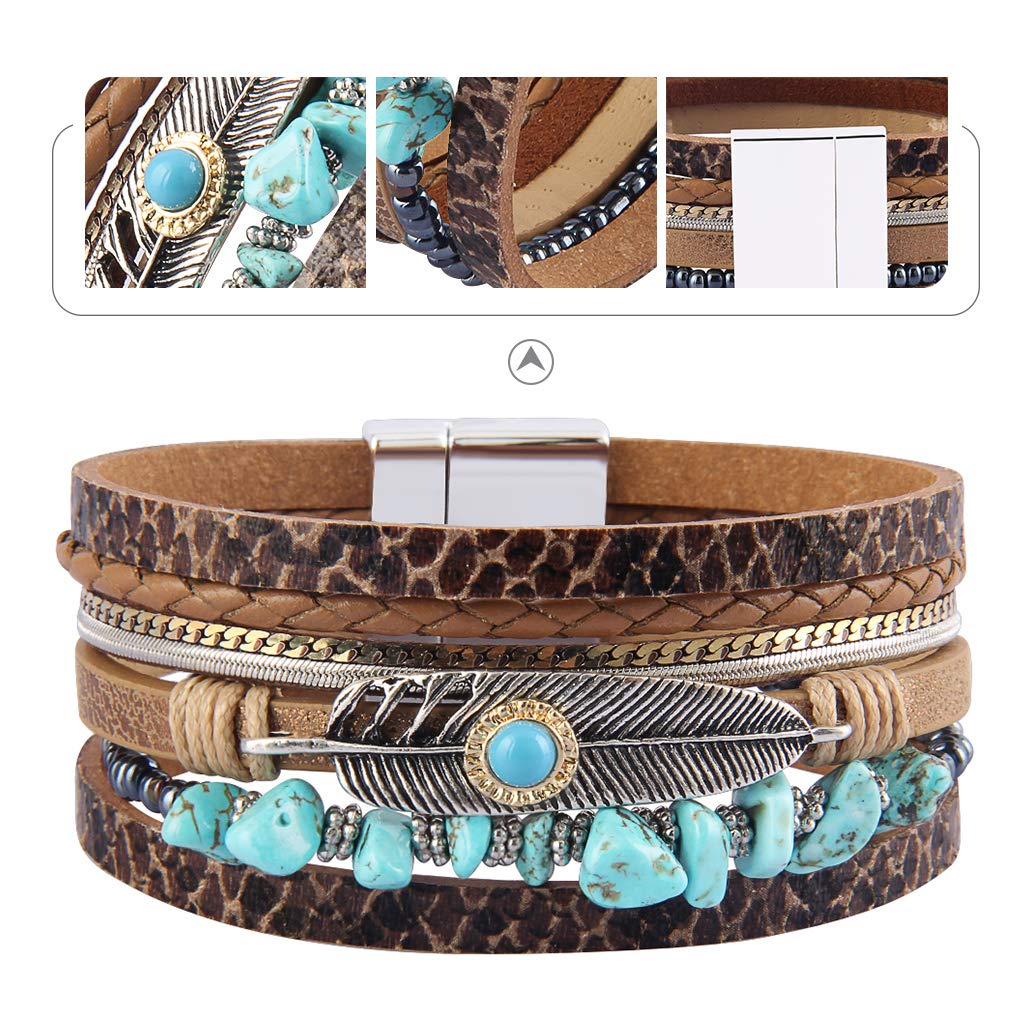 GelConnie Womens Leather Wrap Bracelet Boho Leather Cuff Bracelet Feather Turquoise Multi Layer Leather Bracelet Cuff Bangle Jewelry Bohemian Bracelet for Women Mother Wife