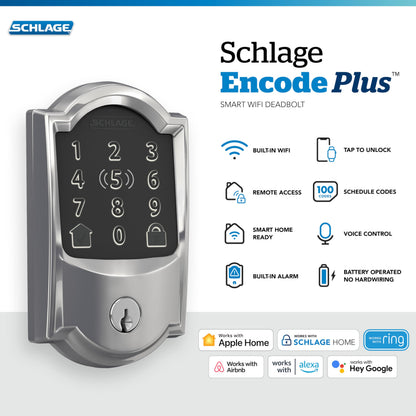 Schlage BE499WB CAM 619 Encode Plus WiFi Deadbolt Smart Lock, Keyless Entry Touchscreen Door Lock with Camelot Trim, Satin Nickel