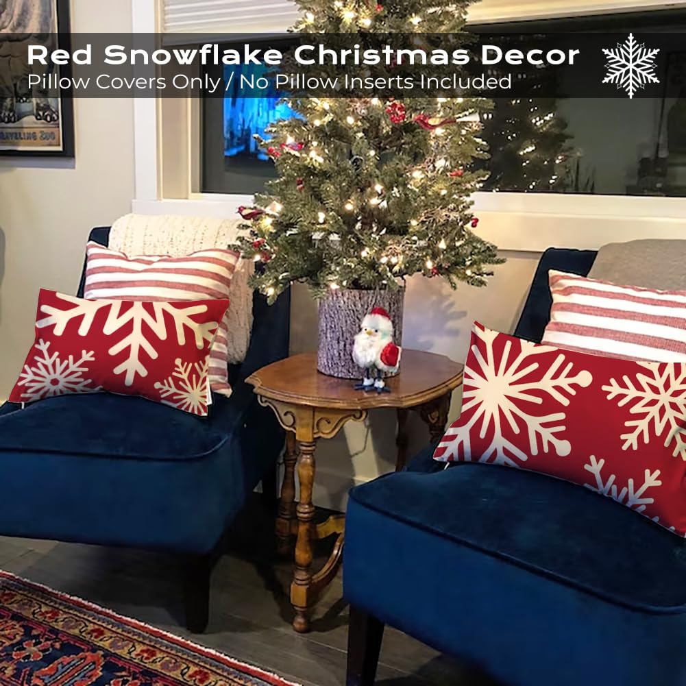CARRIE HOME Red Christmas Snowflake Lumbar Pillow Covers 12x20 Set of 2, 12 x 20 Red and White Winter Holiday Throw Pillow Covers, Outdoor Rectangle Christmas Pillows for Porch (No Pillow Inserts)
