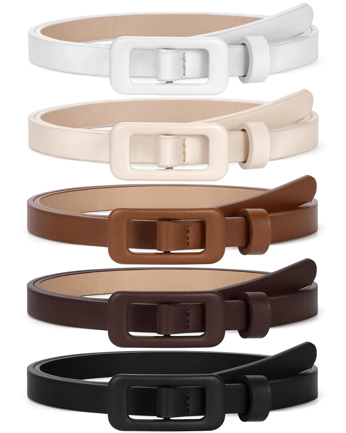 VONMELLI 5 Pack Women Skinny Leather Belt Thin Waist No Hole Belt for Ladies Jeans Dress Pants, Black Coffee Brown White Beige XS