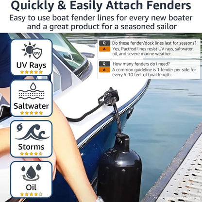 PACTHSD 4 Pack 3/8 Inch x 10 ft Boat Fender Lines - Marine Grade Nylon Boat Rope with 6" Loop for Tying Fenders and Docking - Double Braided Dock Lines, Easy Handling, Fray Resistant, Black
