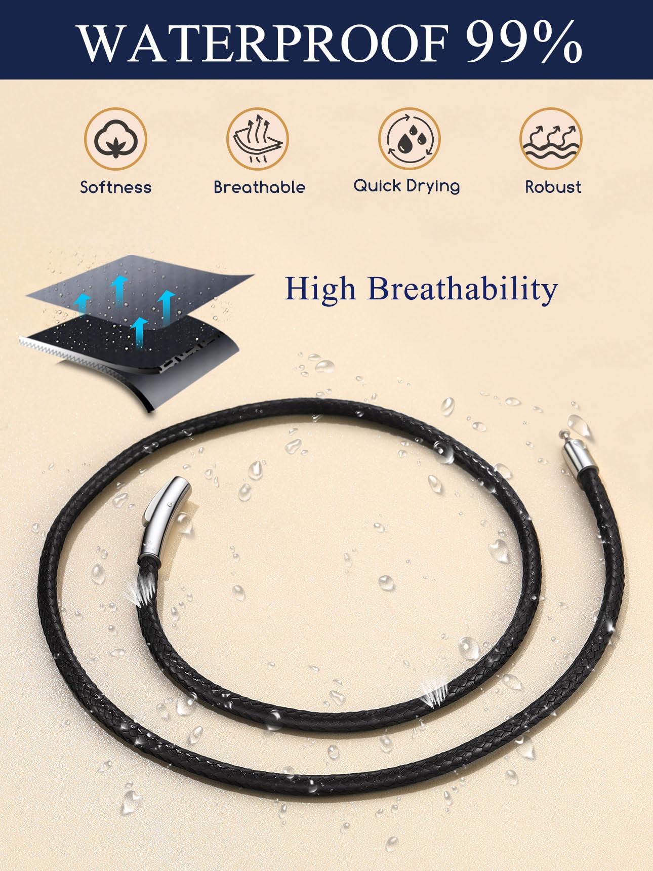 Suplight Waterproof 3mm Woven Wax Rope Chain For Men Women, Black Leather Necklace Cord With Superb Strong Clasp, Breathable Braided Leather Necklace DIY Jewelry For Pendant 18inch