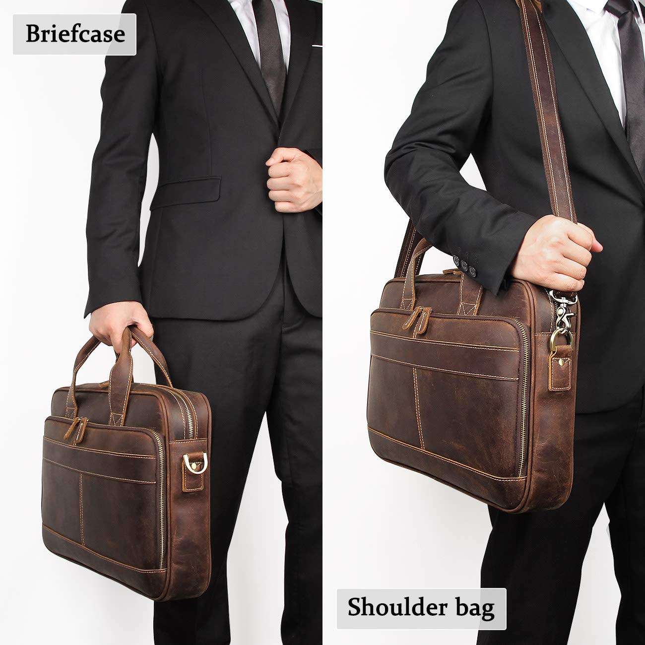 Augus Leather Briefcase for Men16 inch Laptop Bag Genuine Full-Grain Leather Messenger Shoulder Bag YKK Zipper Work Travel Brown