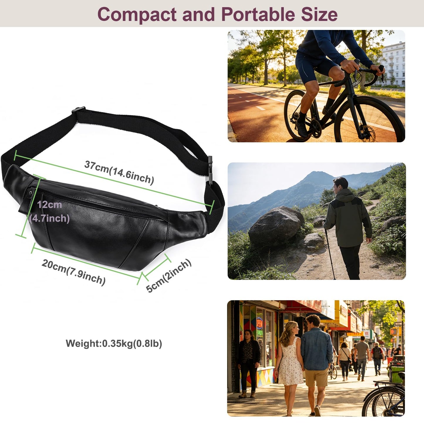Yevabo Genuine Leather Waist Bag for Men Women, Fanny Pack with Multi-Pockets, Adjustable Strap for Travel, Hiking & Daily Use, Black