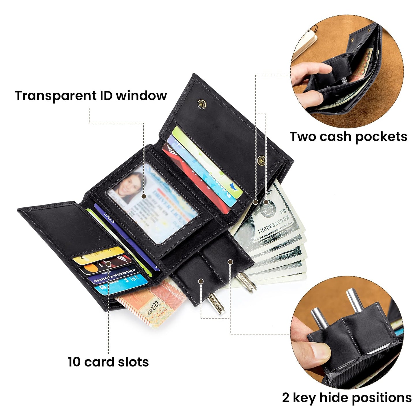 BAIGIO Men Wallet with Chain Genuine Leather Wallet for Men RFID Blocking Trifold Wallet Father's Gift