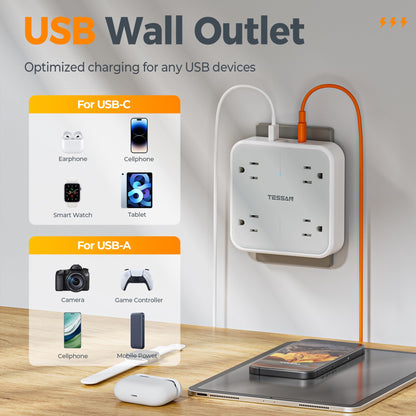 TESSAN Multi Plug Outlet Extender, Outlet Splitter with 3 USB (1 USB C Port) Wall Charger, Multiple Outlet Wall Plug, USB Outlet for Home, Bathroom, Office, Dorm Room Essentials, Gray