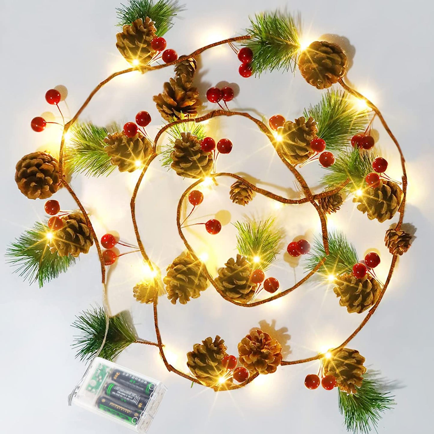 Hongyitime 7.8 FT PineCones String Lights, Christmas Pine Cone Light String, 20 LED Red Berry Pine Cone Garland Lights, led Garland String Lights, Christmas Decorations for Home