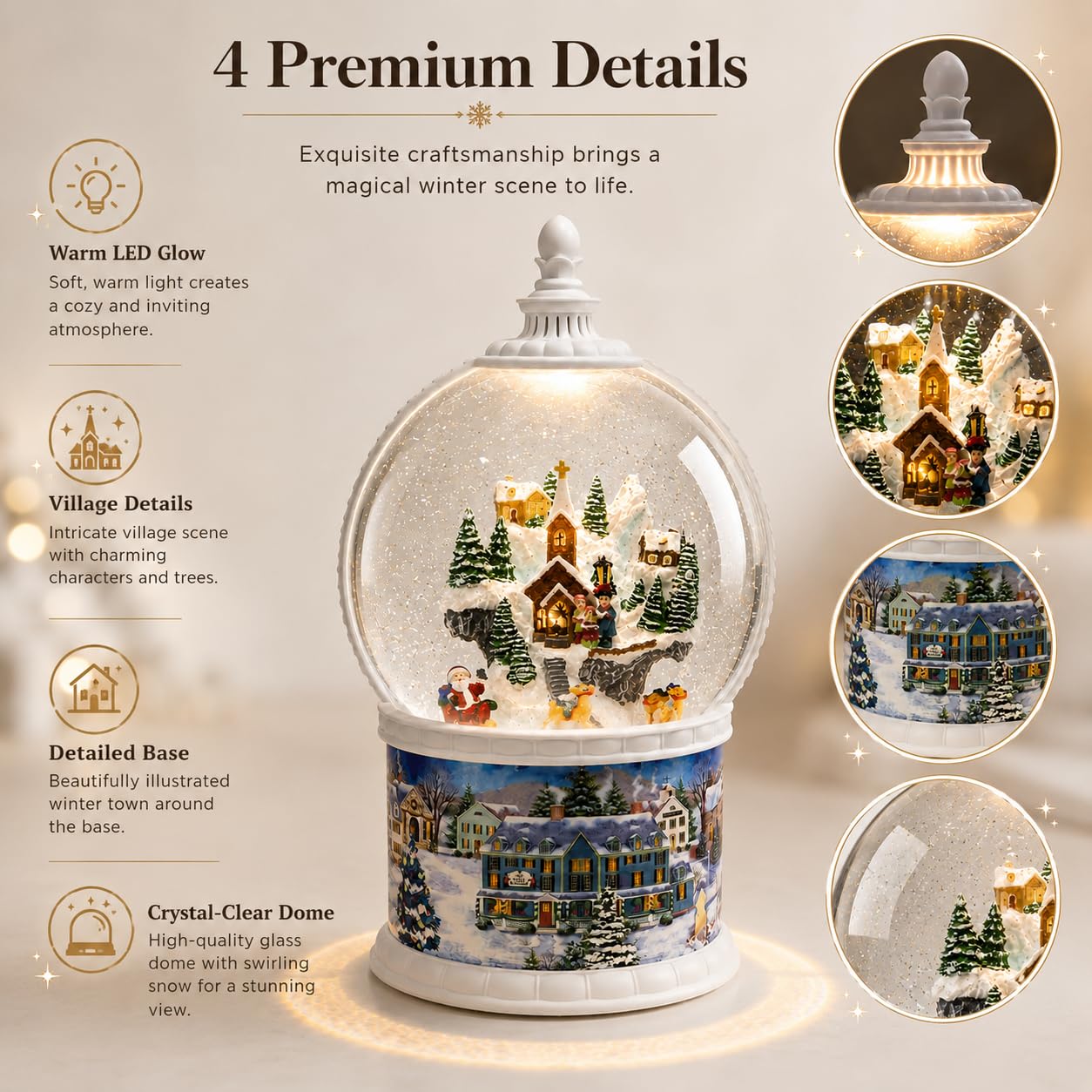Large Lighted Snow Globe Lantern, 10.24" Winter Village Music Box with Moving Glitter & Rotating Carousel, USB & Battery Operated Night Light, 6H Timer, Snow Globe Gift for Women Mom Grandma Adults
