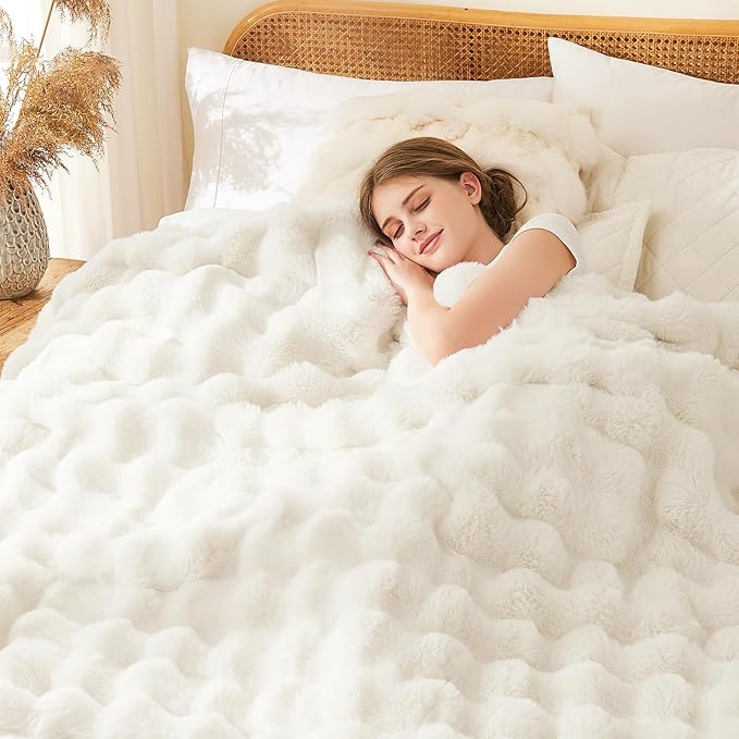 L'AGRATY Faux Fur Throw Blanket: 90" x 90" Luxury Soft Fluffy Thick Rabbit Fur Blankets for Queen Bed Couch - Cozy Plush Bubble Blankets for Winter: Warm Flannel Fleece Decorative Blanket(Cream White)